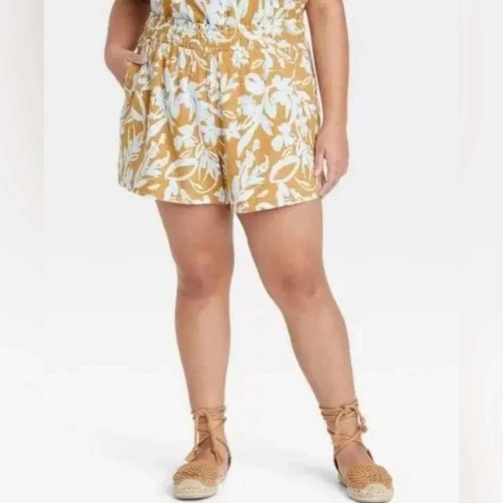AVA & VIV Floral Linen Rayon Smocked Shorts size 1X Womens